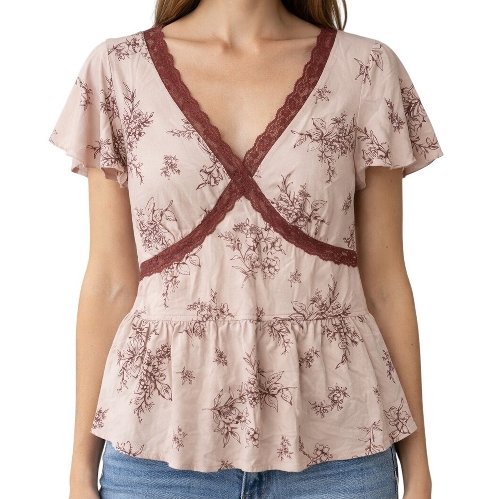 Old Navy Womens Medium Floral Lace Trim Peplum Blouse Pink V-Neck Flutter Sleeve